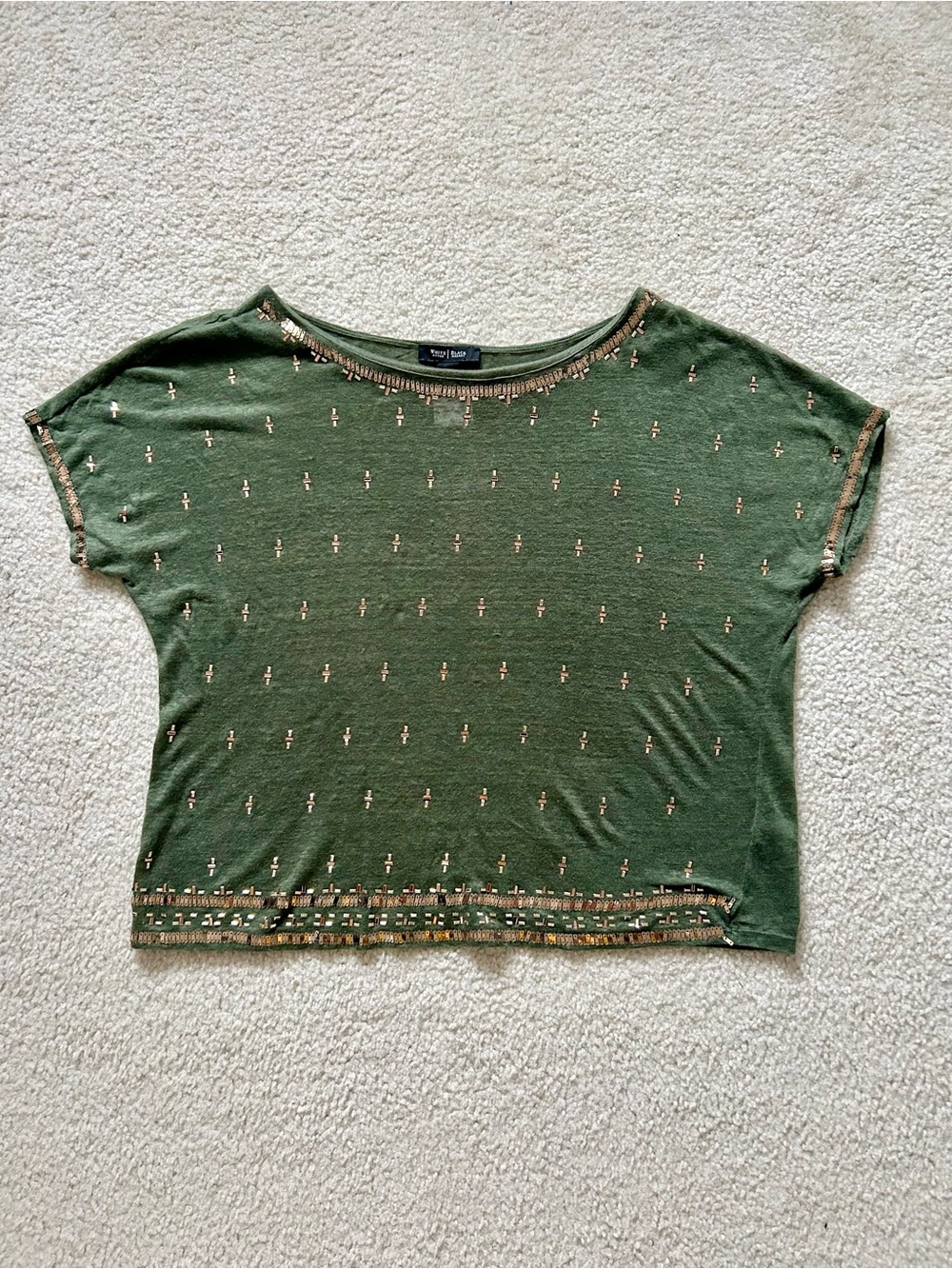 White House Black Market Olive Green Short Sleeve Embellished Tee